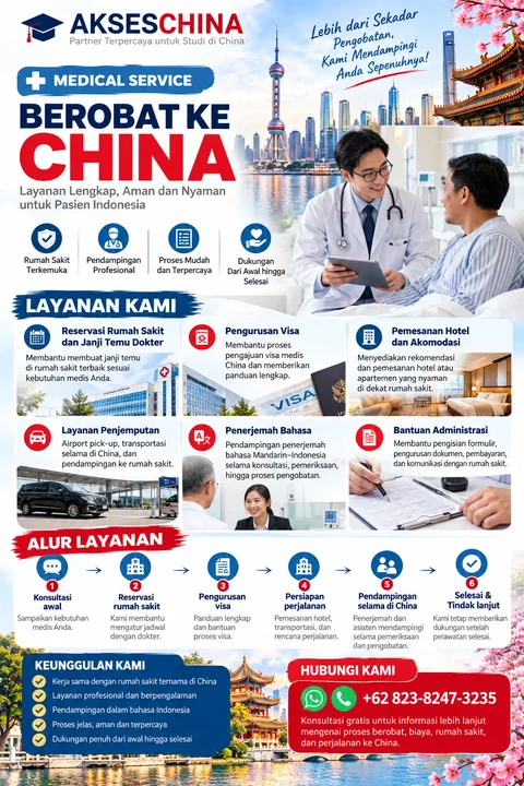 Brosur Medical Service Akses China: berobat ke China untuk pasien Indonesia, enam layanan, alur layanan enam langkah, dan keunggulan layanan